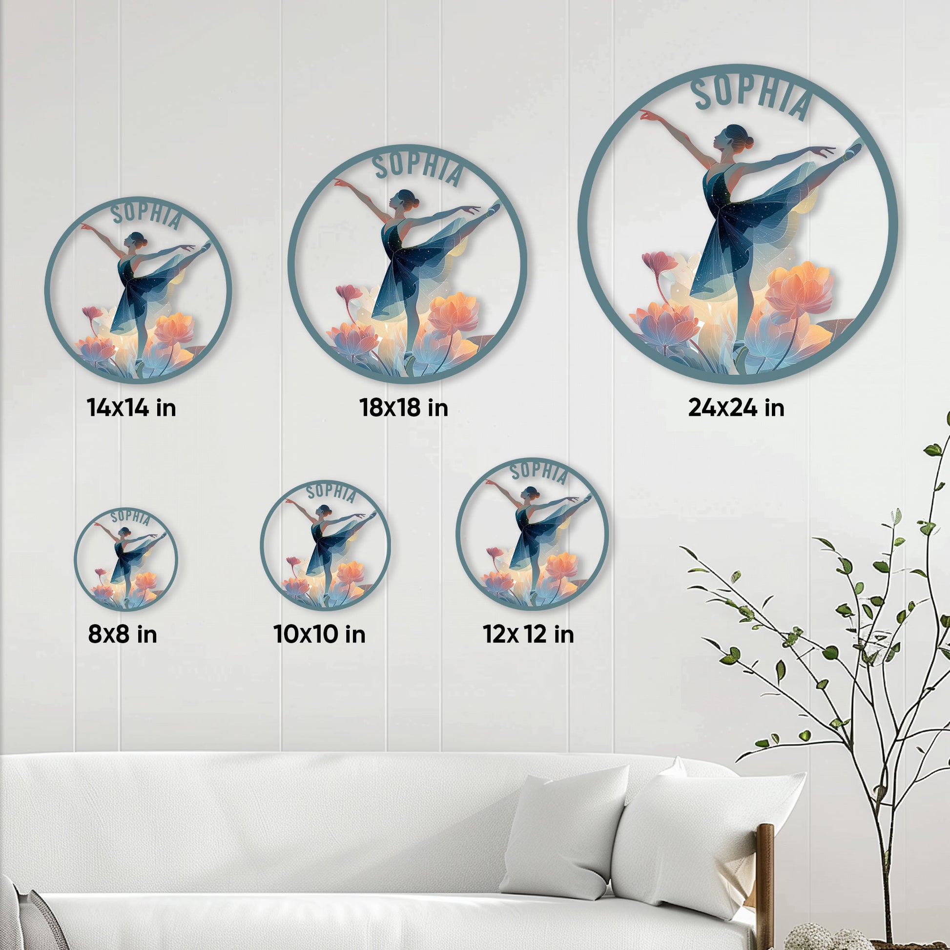 Ballet metal sign size guide showing available round sizes from 8 by 8 to 24 by 24 inches