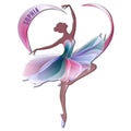 Colorful ballerina silhouette in a flowing tutu framed by a pink heart-shaped ribbon