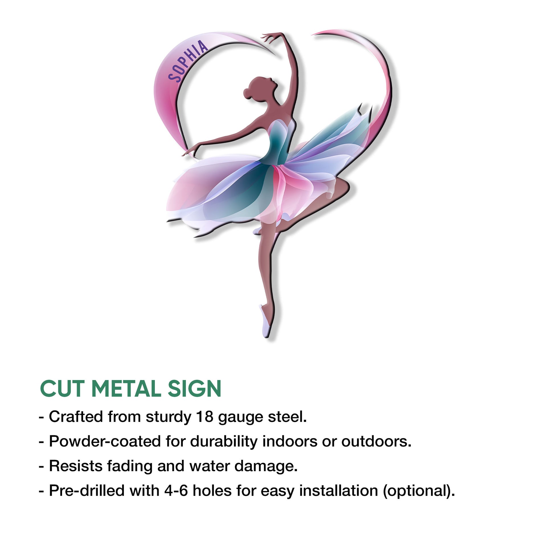 Ballerina metal sign feature graphic showing a colorful dancer silhouette and cut-metal design
