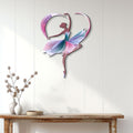Colorful ballerina metal wall sign displayed on a bright paneled wall above a console table