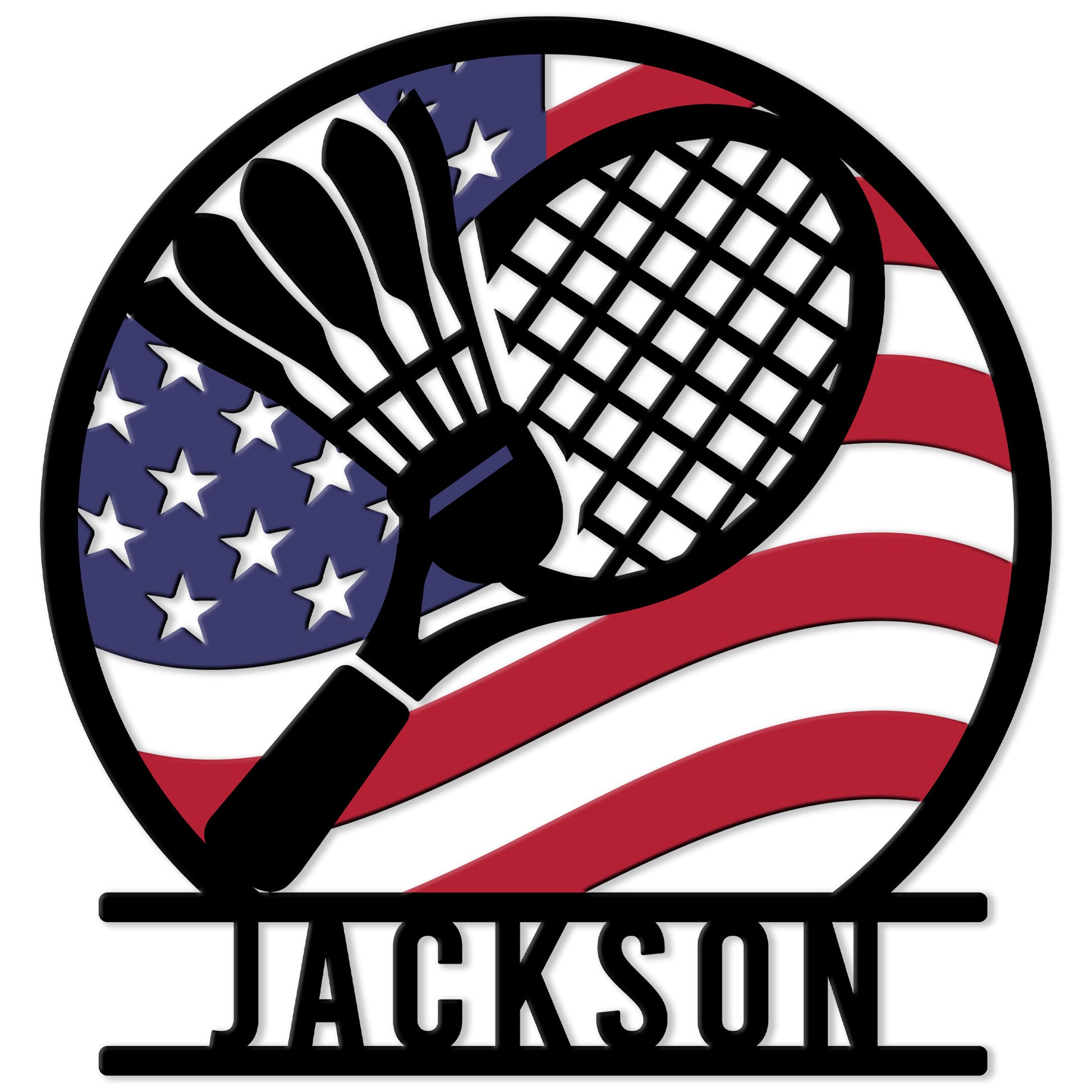 Badminton metal sign featuring crossed rackets and a shuttlecock over an American flag-inspired background