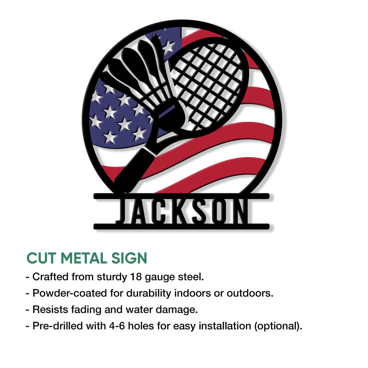 Cut metal badminton sign showcasing crossed rackets, a shuttlecock, and bold red, white, and blue colors