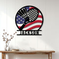Badminton wall decor displayed above a console table with crossed rackets and a patriotic flag design