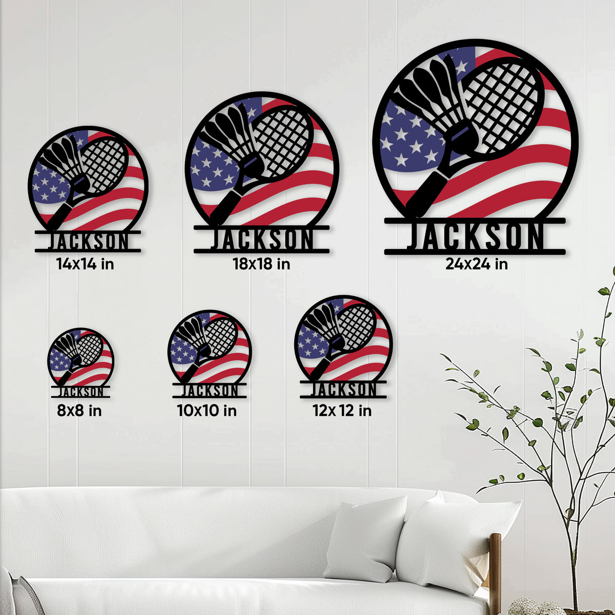 Badminton metal sign size guide showing available square sizes from 8 by 8 to 24 by 24 inches