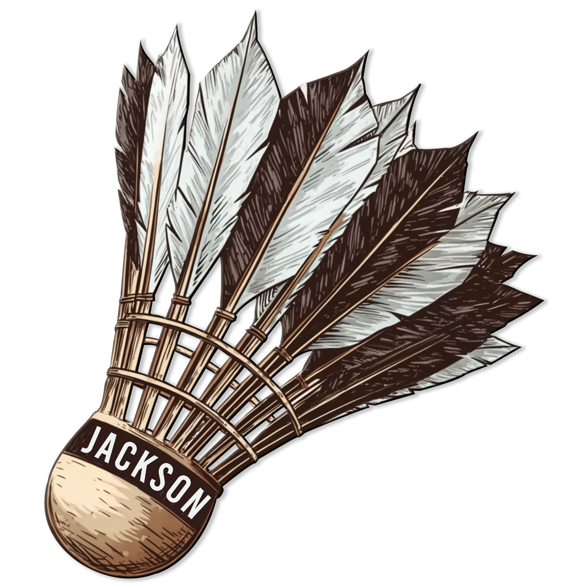 Custom badminton metal sign featuring a detailed shuttlecock illustration in brown, cream, and white tones