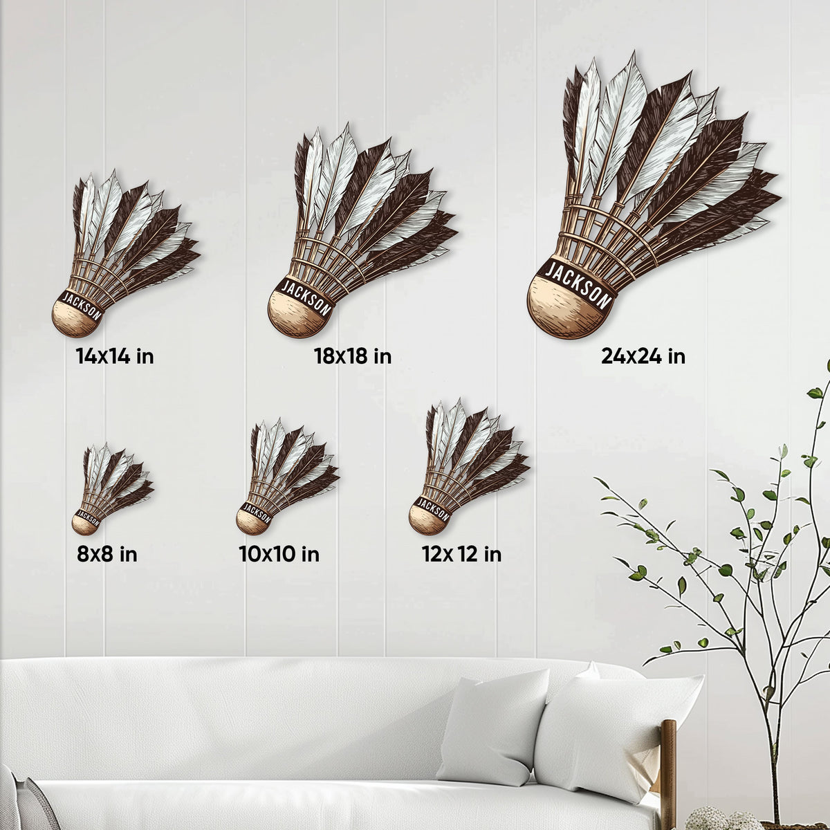Badminton shuttlecock metal sign size guide showing available sizes from 8 by 8 to 24 by 24 inches