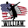 Badminton player silhouette with racket and shuttlecock over a red, white, and blue flag-inspired background