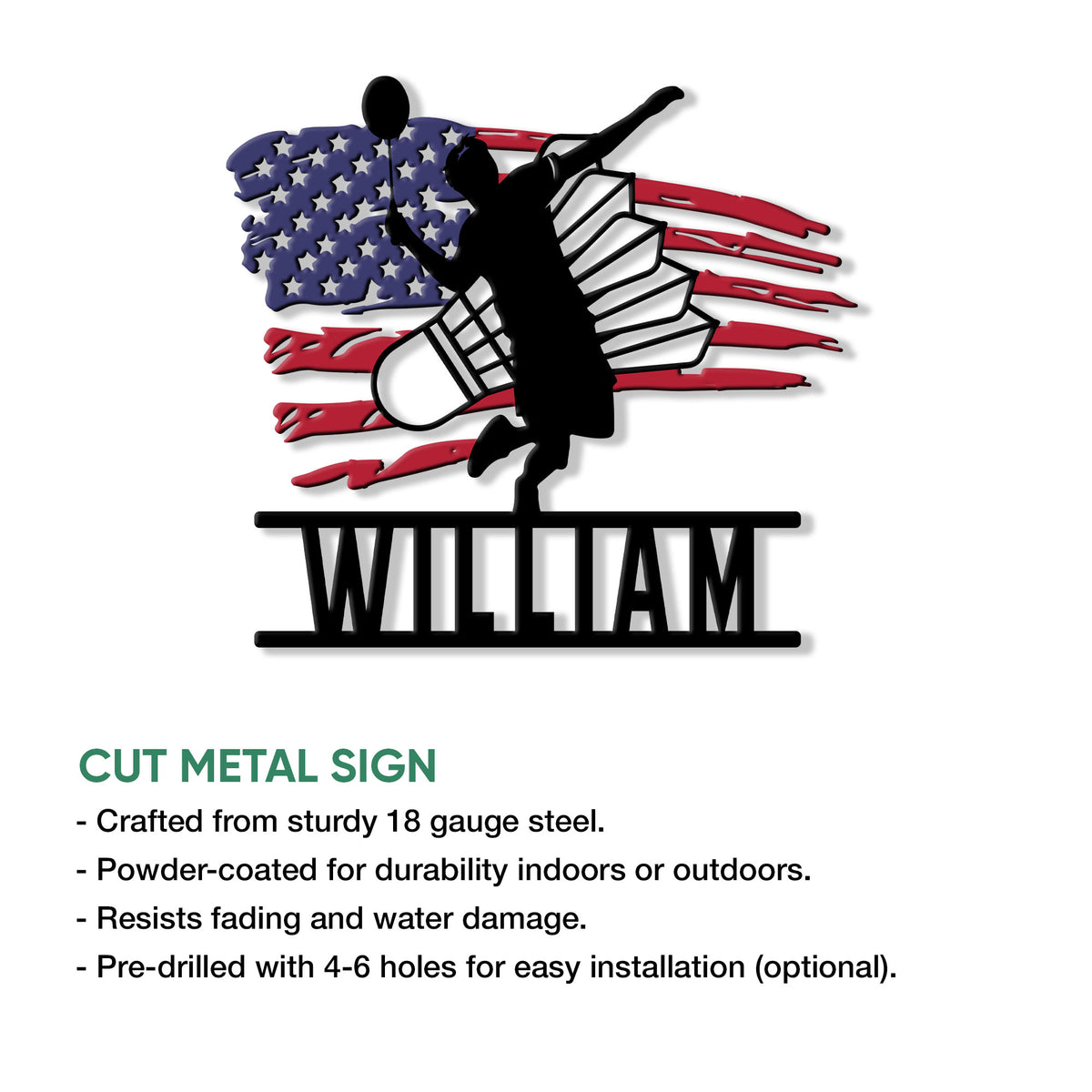 Badminton metal sign product infographic showing the athlete silhouette and cut-sign design features