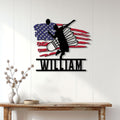 Badminton player metal sign displayed as patriotic wall decor above a console table
