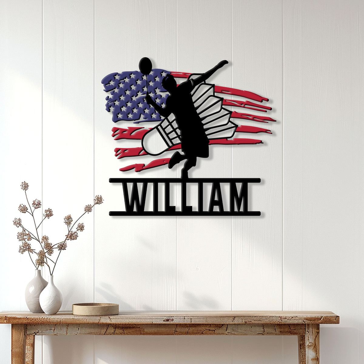 Badminton player metal sign displayed as patriotic wall decor above a console table