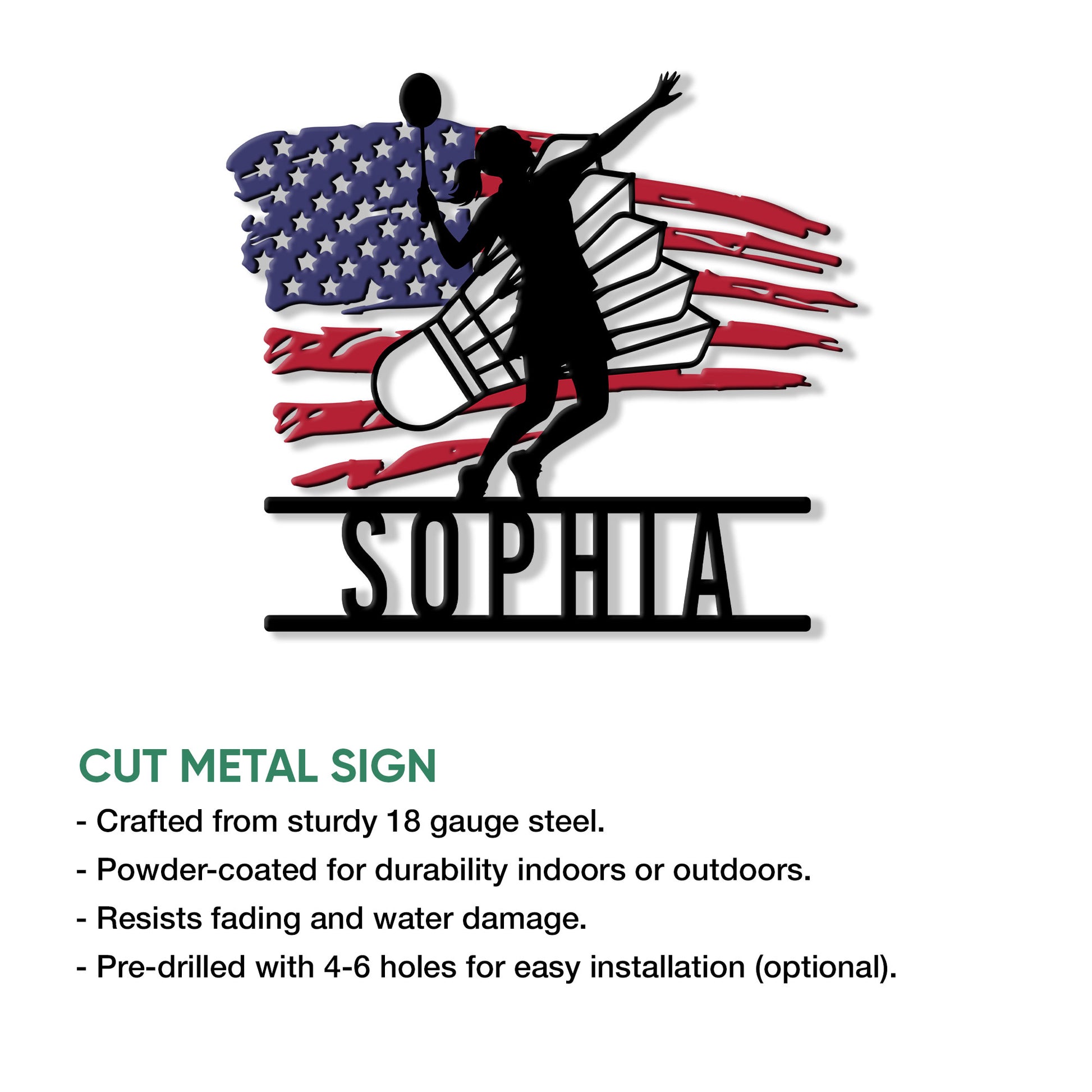 Badminton player metal sign product graphic with cut metal sign features and indoor or outdoor display information