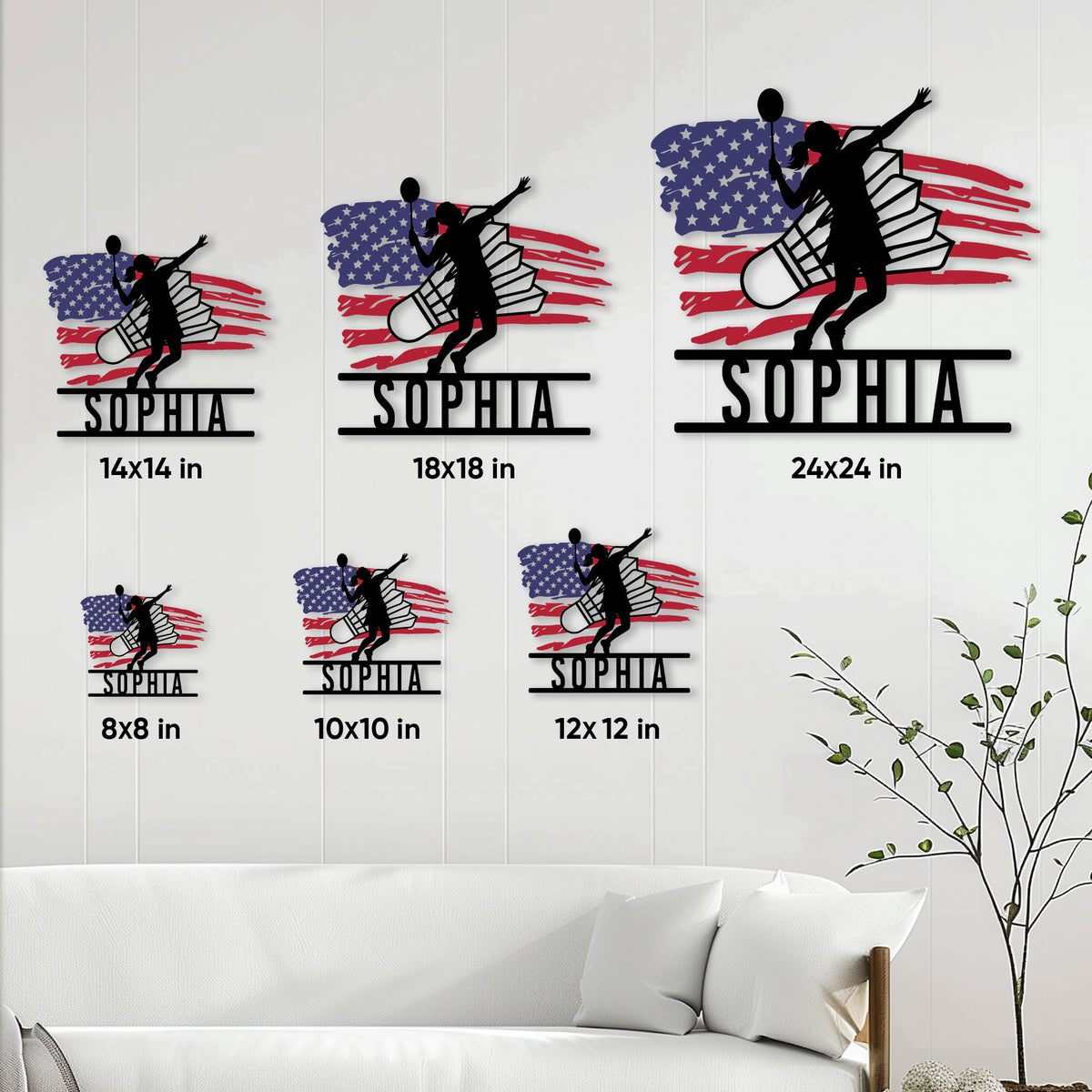 Badminton metal sign size guide showing available square sizes from 8 by 8 to 24 by 24 inches