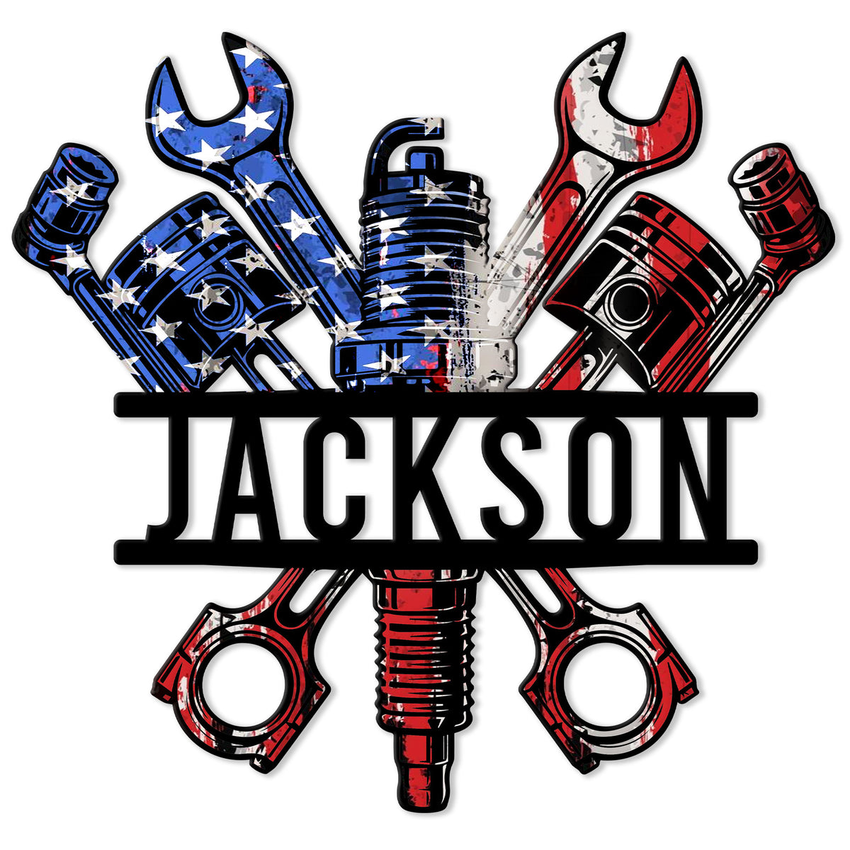 Mechanic metal sign featuring crossed wrenches, pistons, a spark plug, and bold patriotic colors