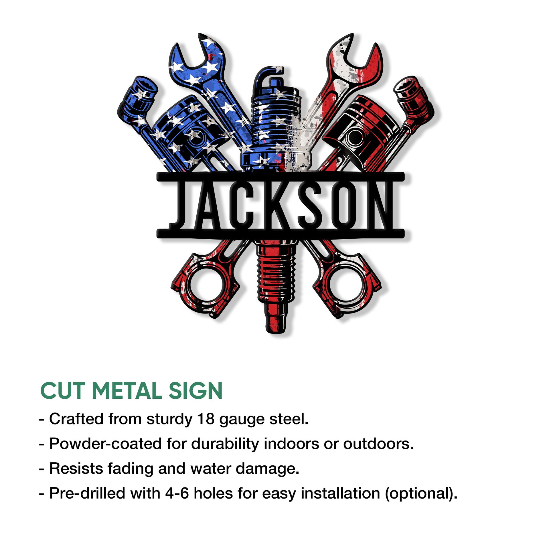 Mechanic garage sign shown with a crossed-tools and engine-parts design beside product feature details