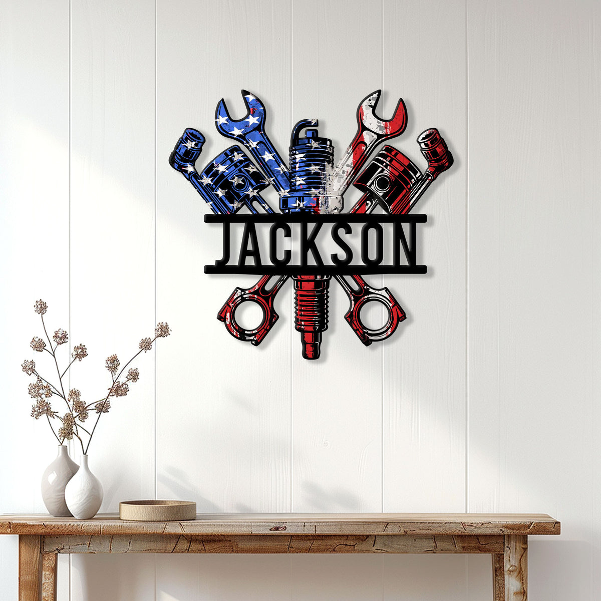 Mechanic wall sign displayed above a console table in a bright home interior