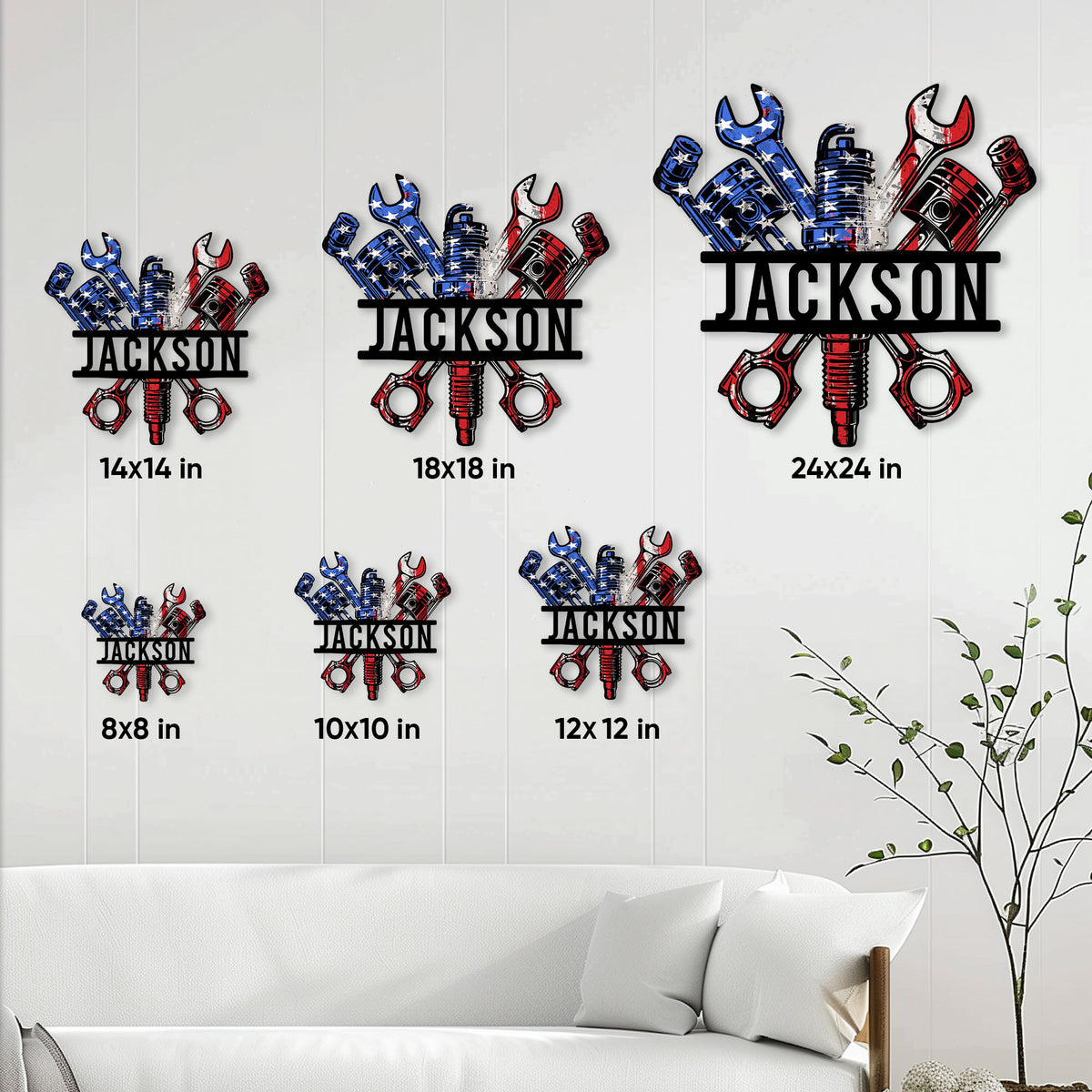 Mechanic metal sign size guide showing the design in multiple square dimensions