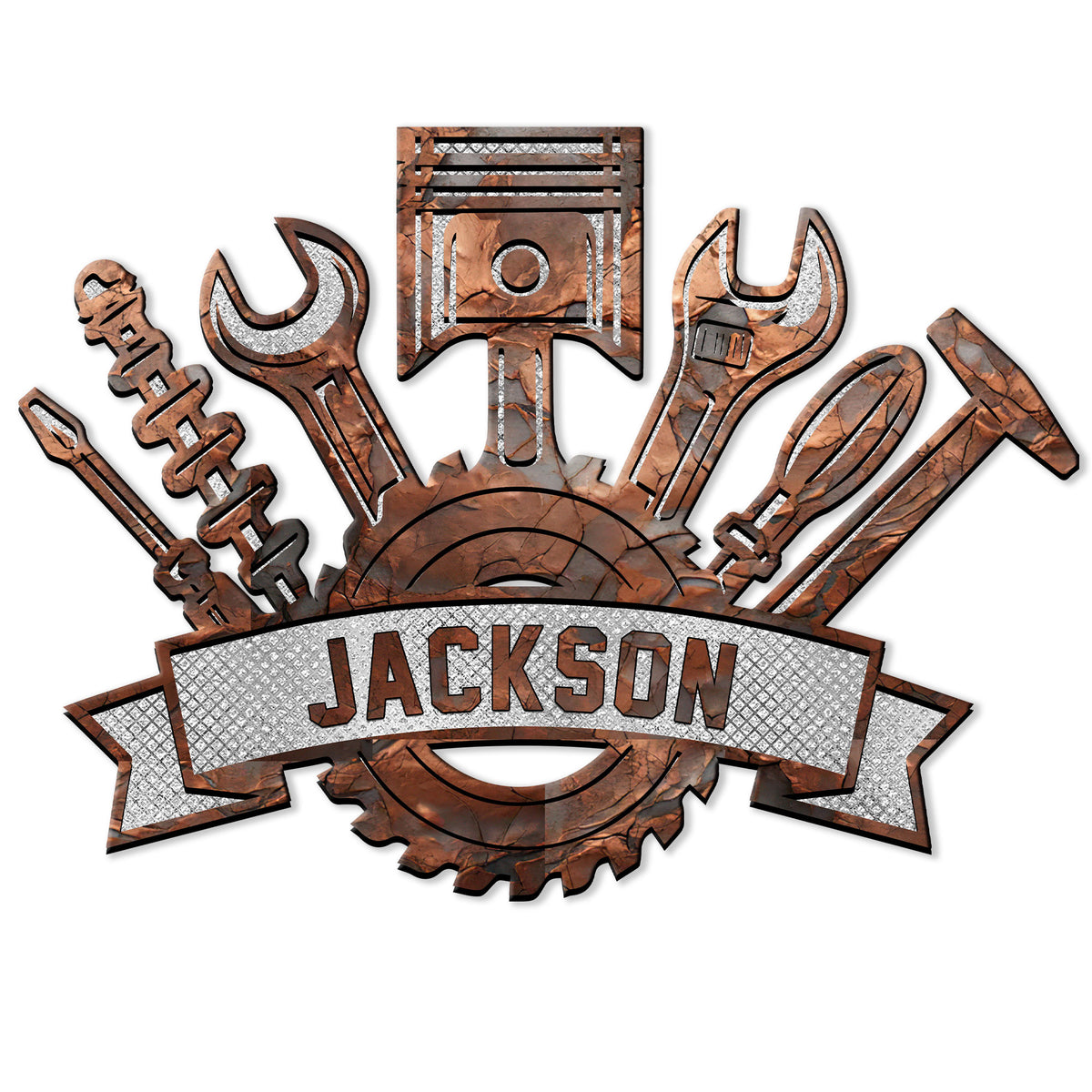 Close-up of a mechanic metal sign with detailed piston, wrenches, screwdriver, hammer, and gear