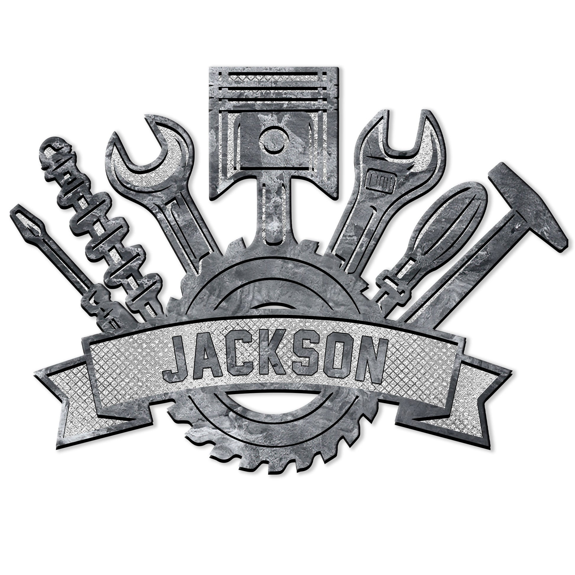 Silver-tone mechanic metal sign featuring a piston, hand tools, gear, and industrial workshop design