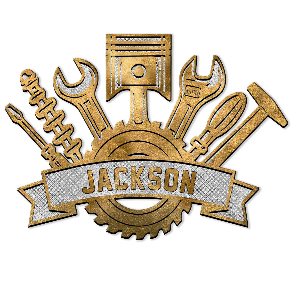 Gold-tone mechanic metal sign with a piston, wrenches, tools, gear, and rugged workshop styling