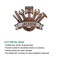 Cut-metal mechanic sign featuring a piston, crossed hand tools, gear, and bold workshop emblem