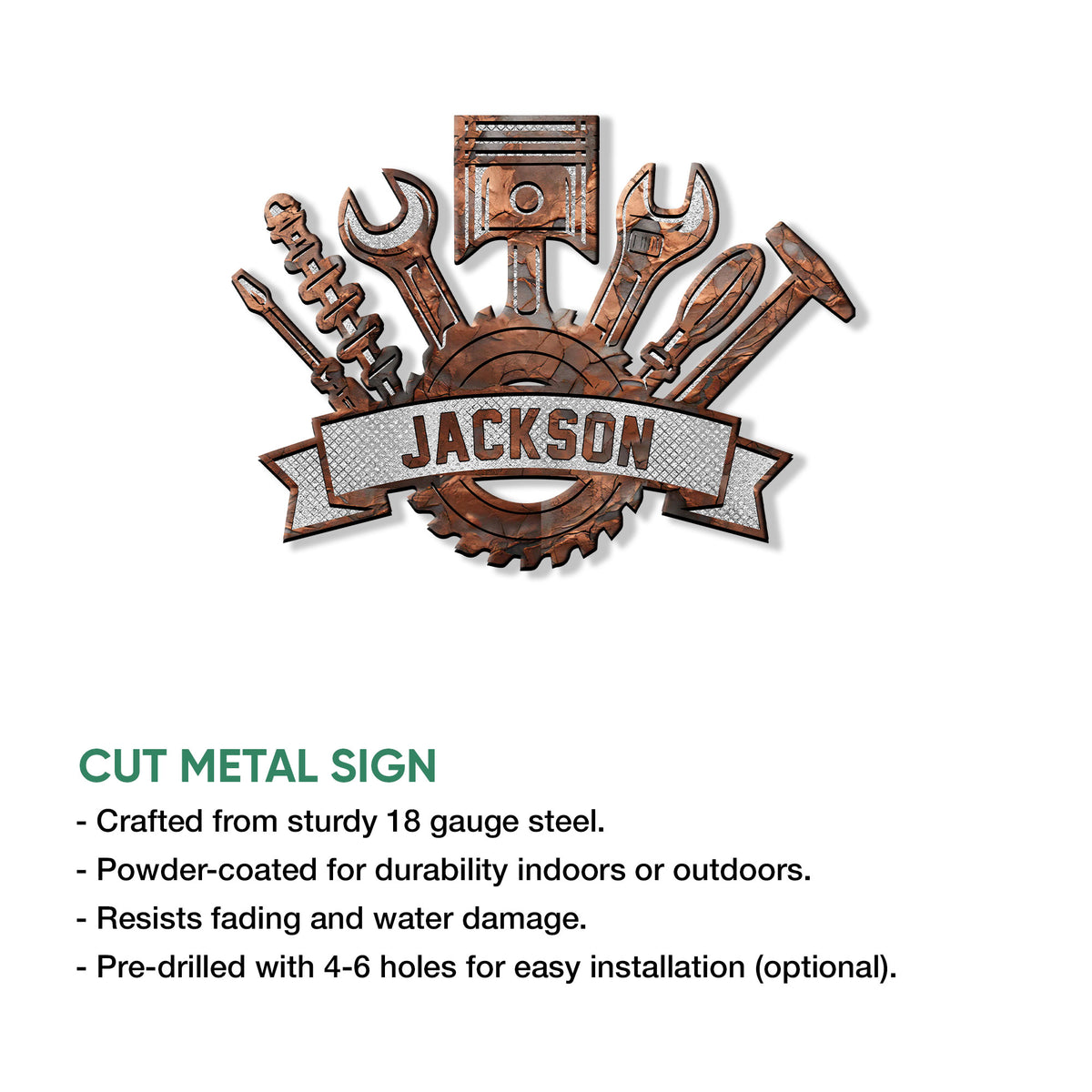 Cut-metal mechanic sign featuring a piston, crossed hand tools, gear, and bold workshop emblem