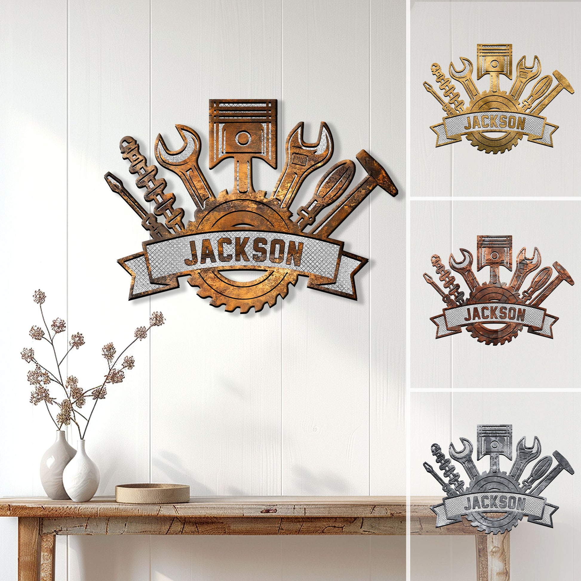 Custom mechanic metal sign displayed on a wall, featuring tools, a piston, gear, and workshop emblem