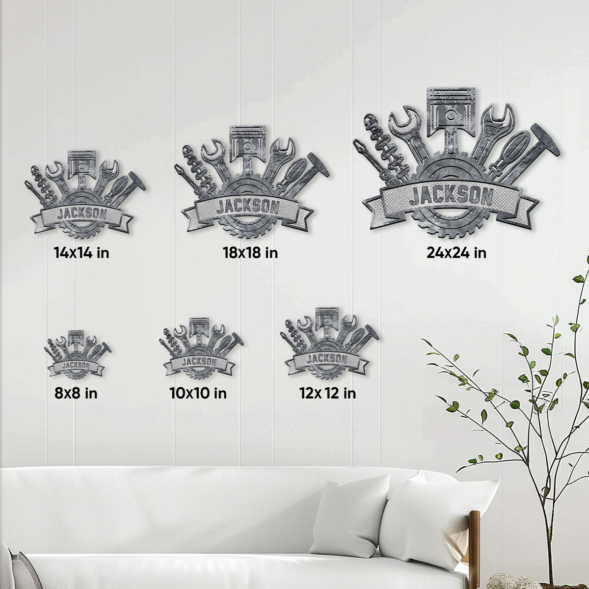 Mechanic metal sign shown in multiple size options on a contemporary living room wall