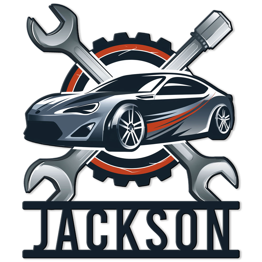 Custom mechanic metal sign featuring a sporty car, crossed wrenches, screwdriver, and gear emblem