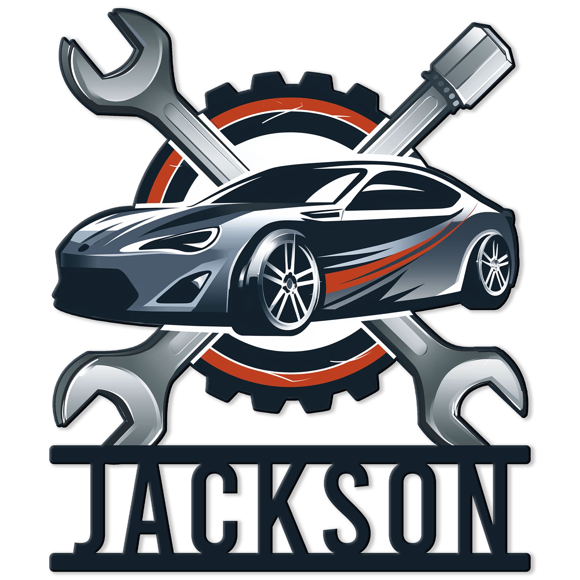 Custom mechanic metal sign featuring a sporty car, crossed wrenches, screwdriver, and gear emblem