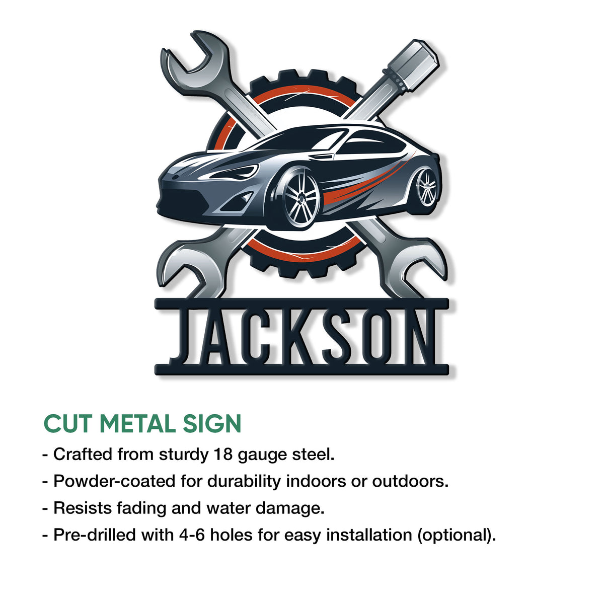 Mechanic metal sign product graphic showing a sporty car with crossed tools and a gear design