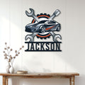 Mechanic wall decor displayed above a console table in a bright modern home interior