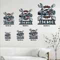Mechanic metal sign size guide showing available square dimensions from 8 by 8 to 24 by 24 inches