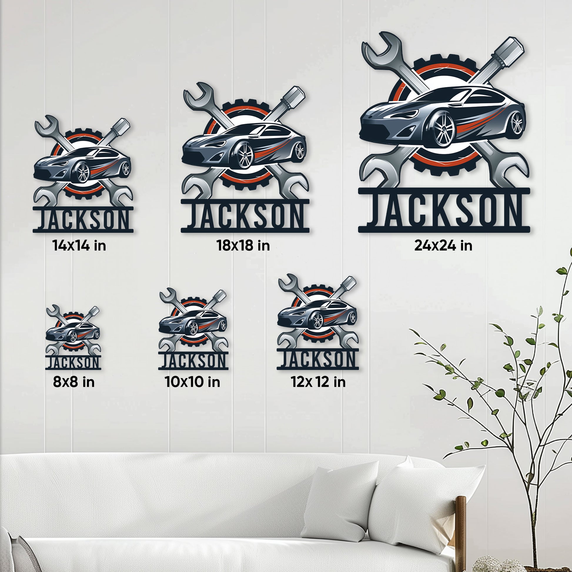 Mechanic metal sign size guide showing available square dimensions from 8 by 8 to 24 by 24 inches