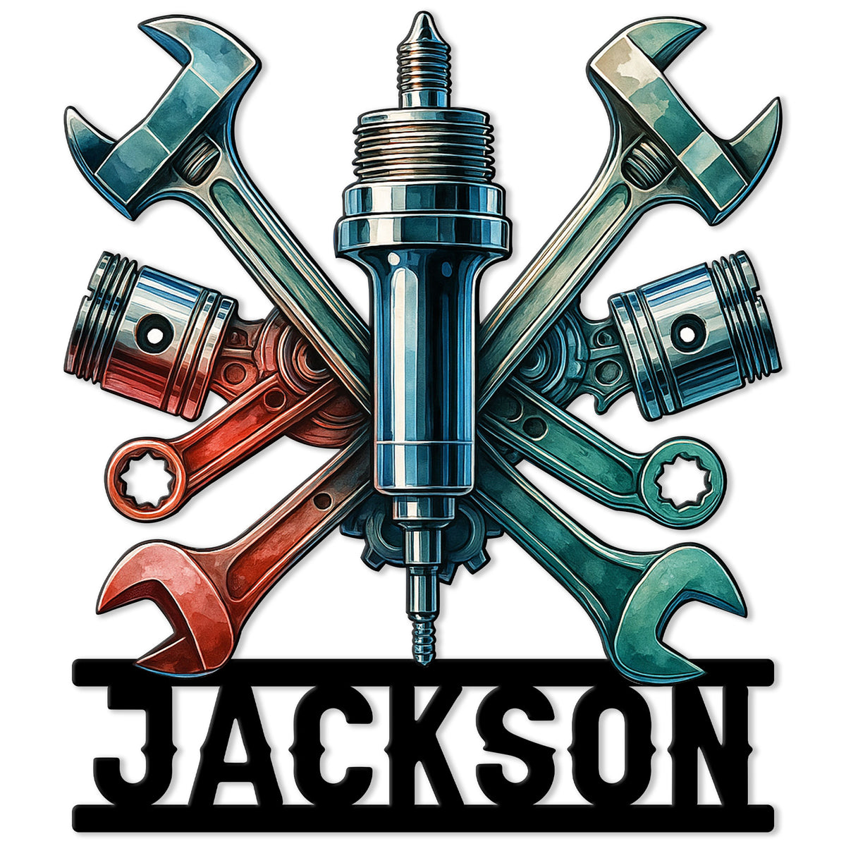 Colorful mechanic metal sign featuring crossed wrenches, pistons, and a central spark plug
