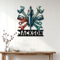 Custom mechanic metal sign displayed on a white paneled wall above a console table