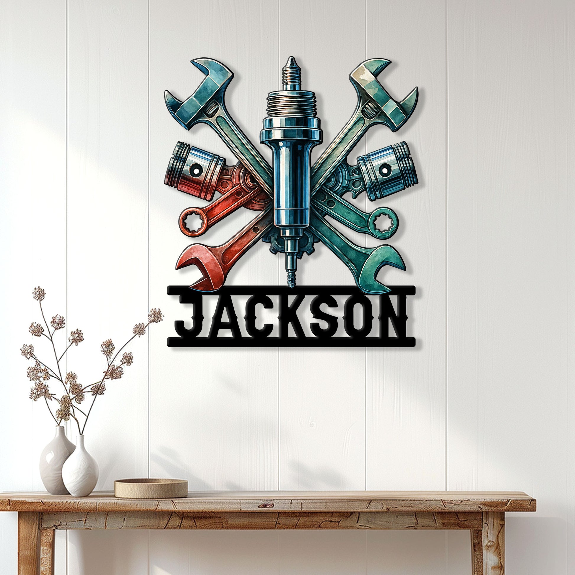 Custom mechanic metal sign displayed on a white paneled wall above a console table