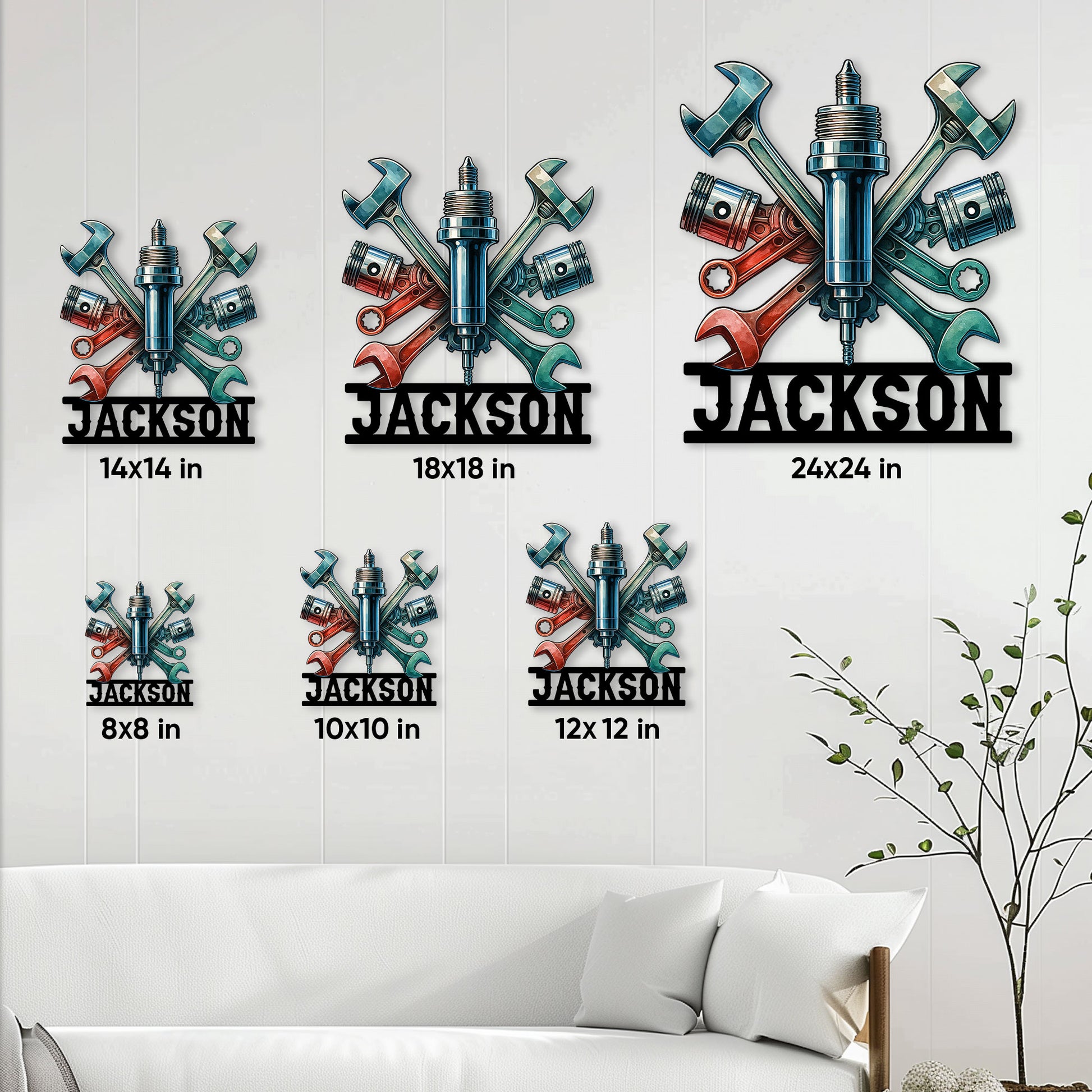Mechanic metal sign size guide showing available sizes from 8x8 to 24x24 inches