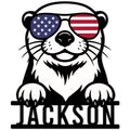 Patriotic otter metal sign featuring American flag sunglasses and a bold custom lower design