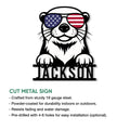 Patriotic otter cut metal sign shown with product features and indoor or outdoor display details