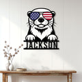 Patriotic otter wall sign displayed on a white paneled wall above a rustic console table