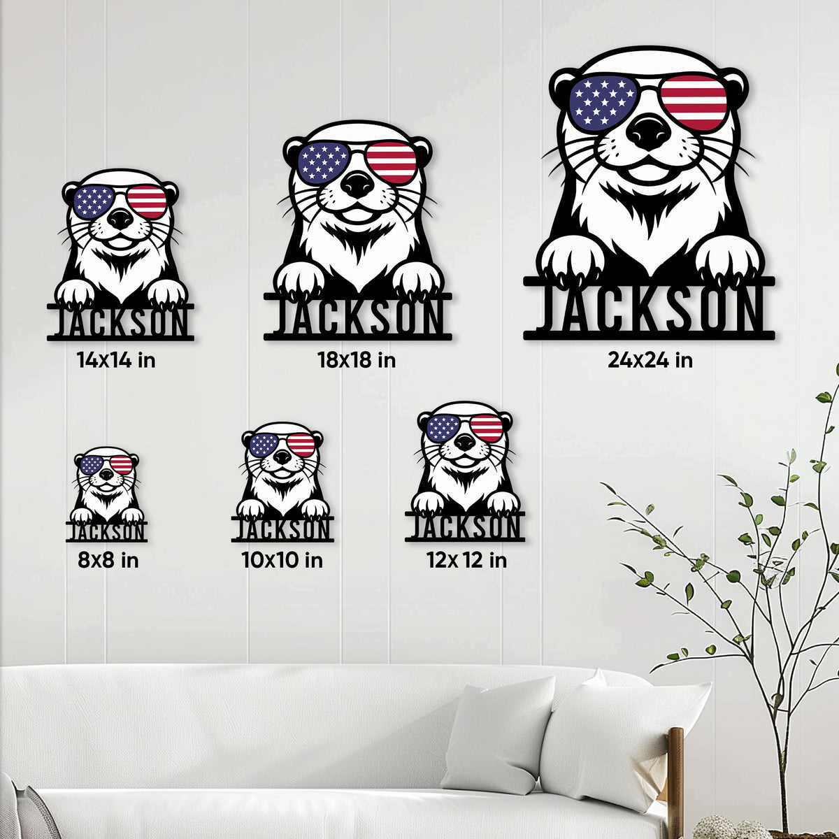 Patriotic otter metal sign shown in multiple size options on a bright living room wall