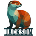 Colorful geometric otter metal sign featuring a seated river otter in teal, orange, and brown tones