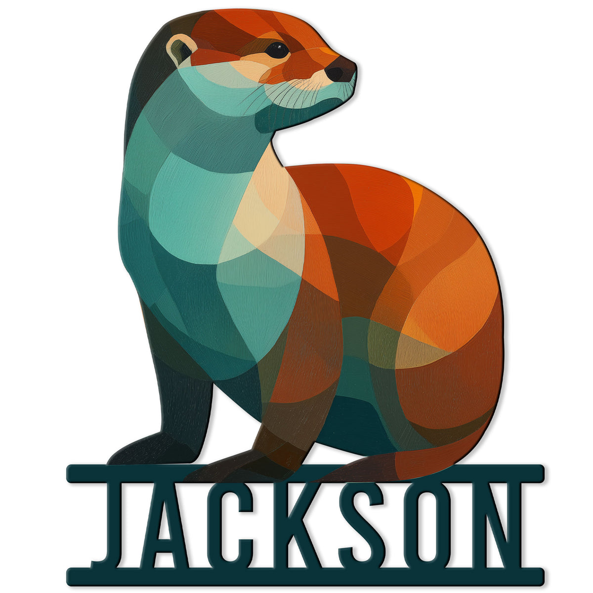 Colorful geometric otter metal sign featuring a seated river otter in teal, orange, and brown tones