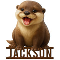 Cheerful otter cut metal sign featuring a detailed brown otter perched above a bold lower bar