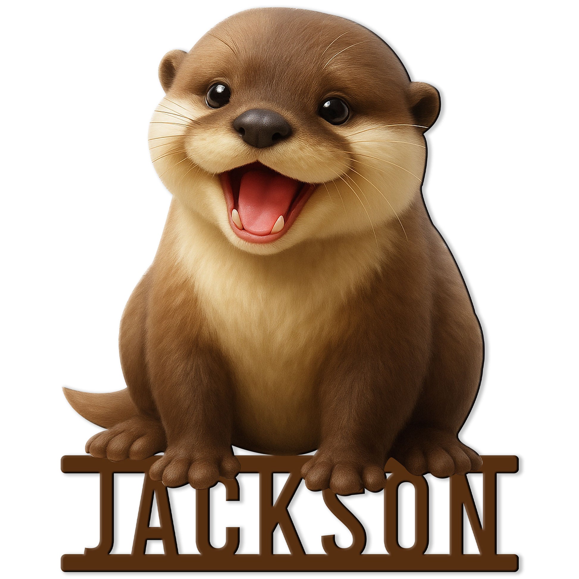 Cheerful otter cut metal sign featuring a detailed brown otter perched above a bold lower bar