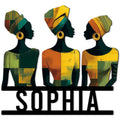Colorful African women silhouette metal sign with bold geometric patterns and statement wall decor styling