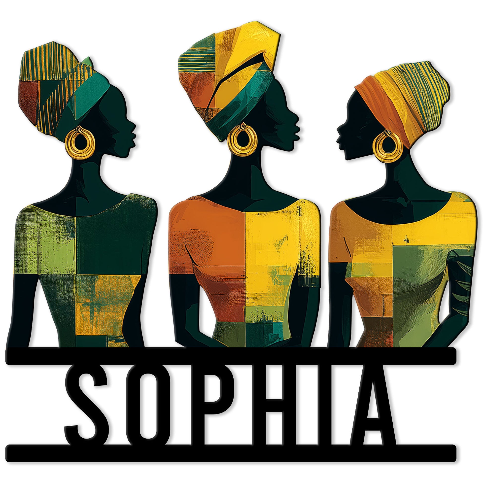 Colorful African women silhouette metal sign with bold geometric patterns and statement wall decor styling