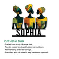 African women metal sign featuring three patterned profiles, cut-metal construction details, and indoor or outdoor display notes
