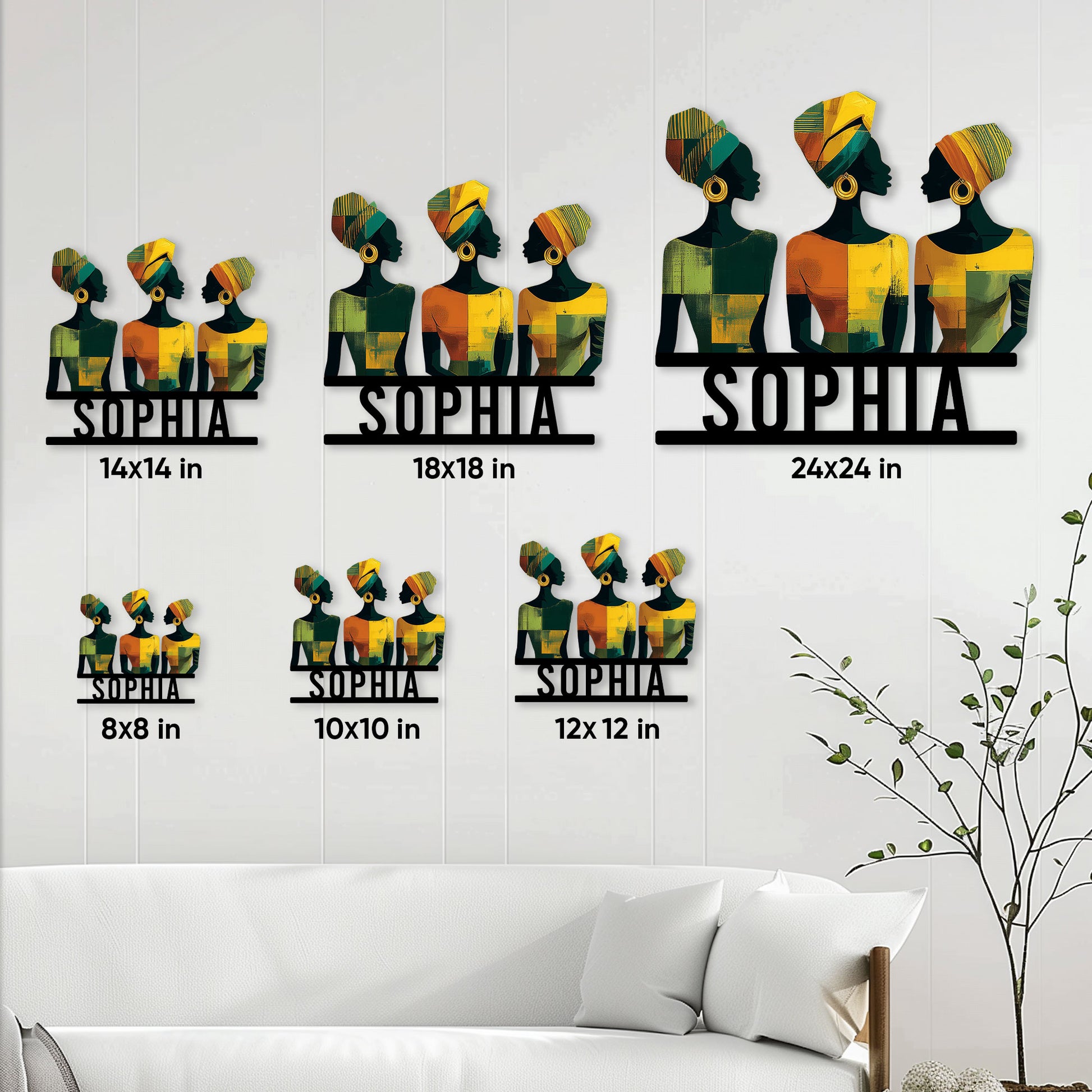 African women metal sign size guide showing six square size options in a living room setting