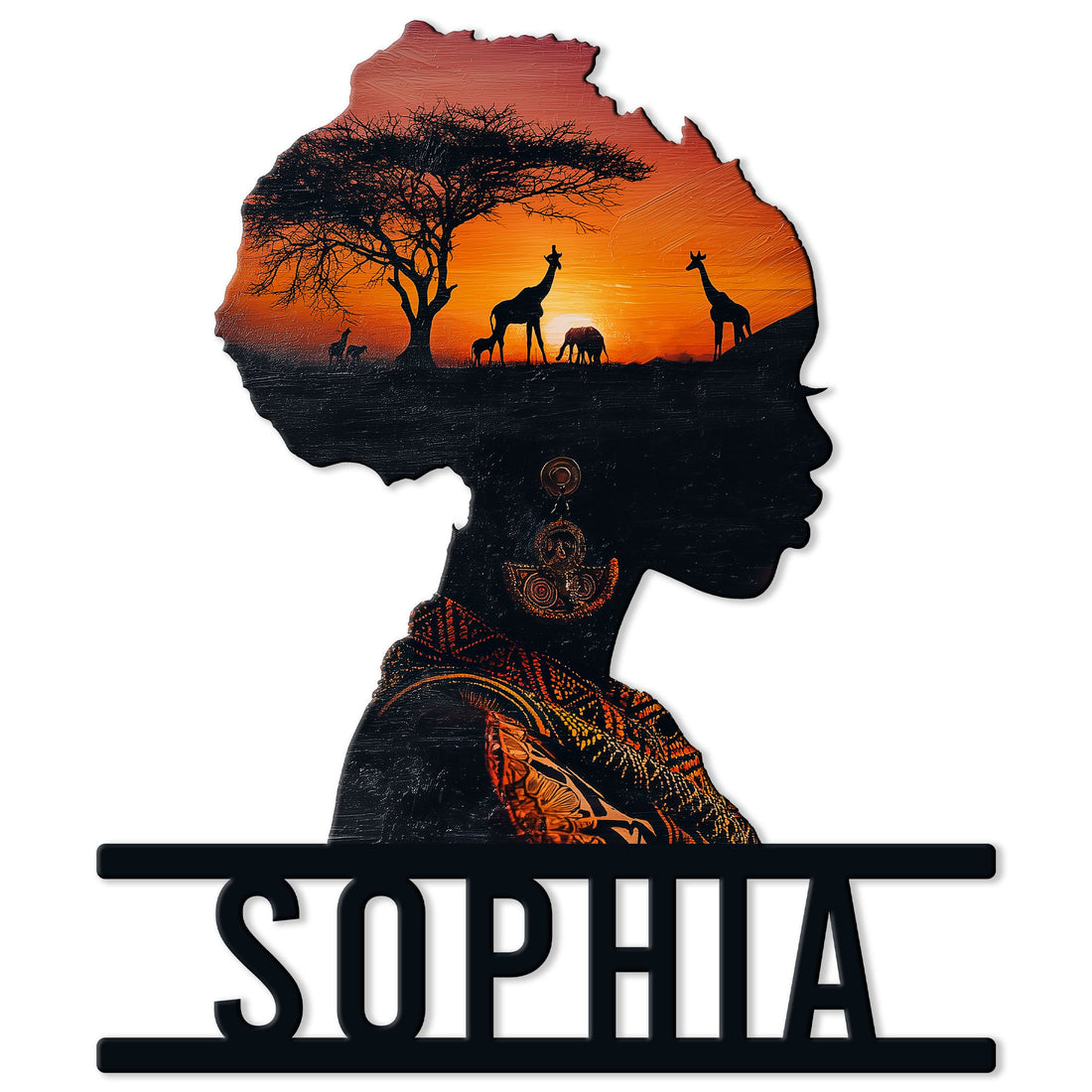African woman silhouette metal sign featuring a savanna sunset, acacia tree, giraffes, and traditional-inspired patterns